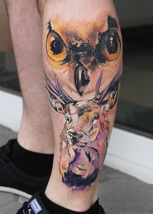Invictus-Tattoo-Budapest-Berlin-Csaba-Koszegi-tattooist-tetovalo-artist bagoly owl deer szarvas eule hirsch