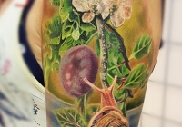 nvictus-Tattoo-Budapest-Berlin-Szilvasi-Gyula-tetovalo-tattooist-artist-Natur-flora-fauna-realistic-realistisch-schnecke-blume-wald-flower-slug